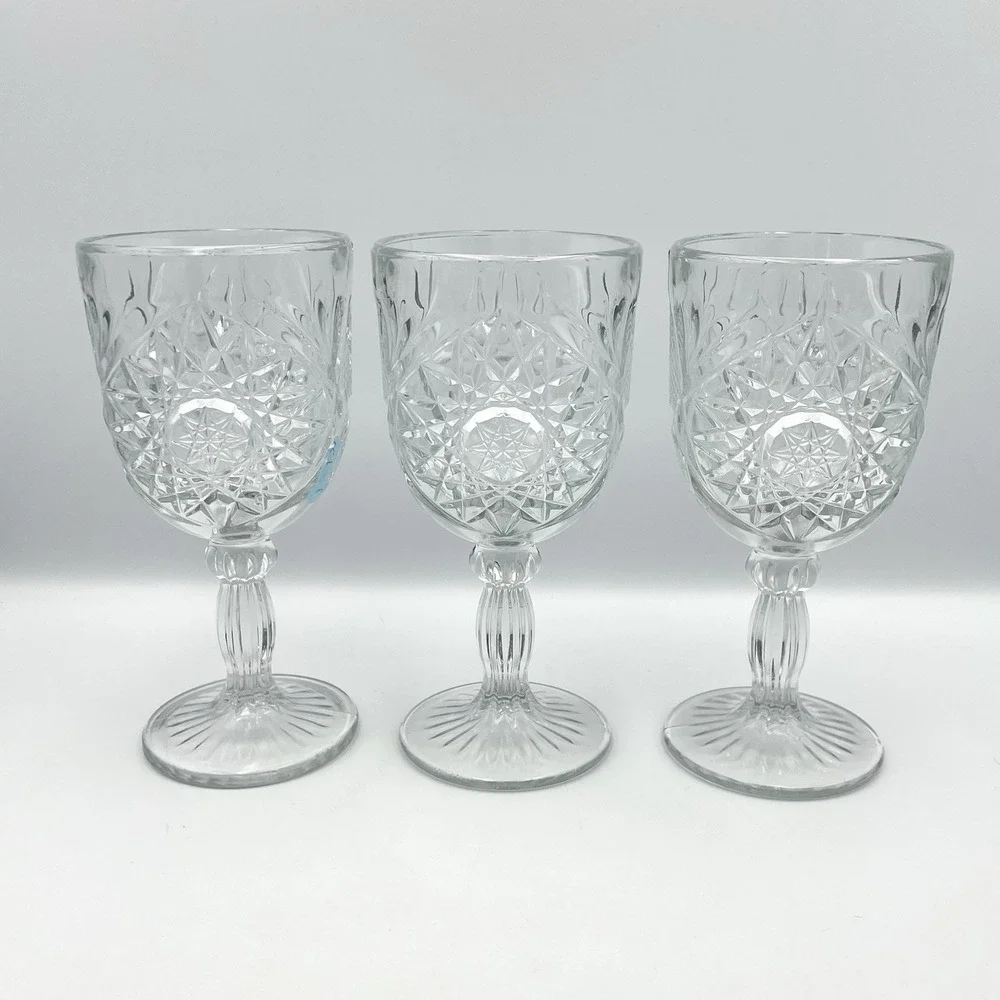 Vintage Pressed Glass‎ Goblets Starburst Pattern Water Wine Glasses Set 3